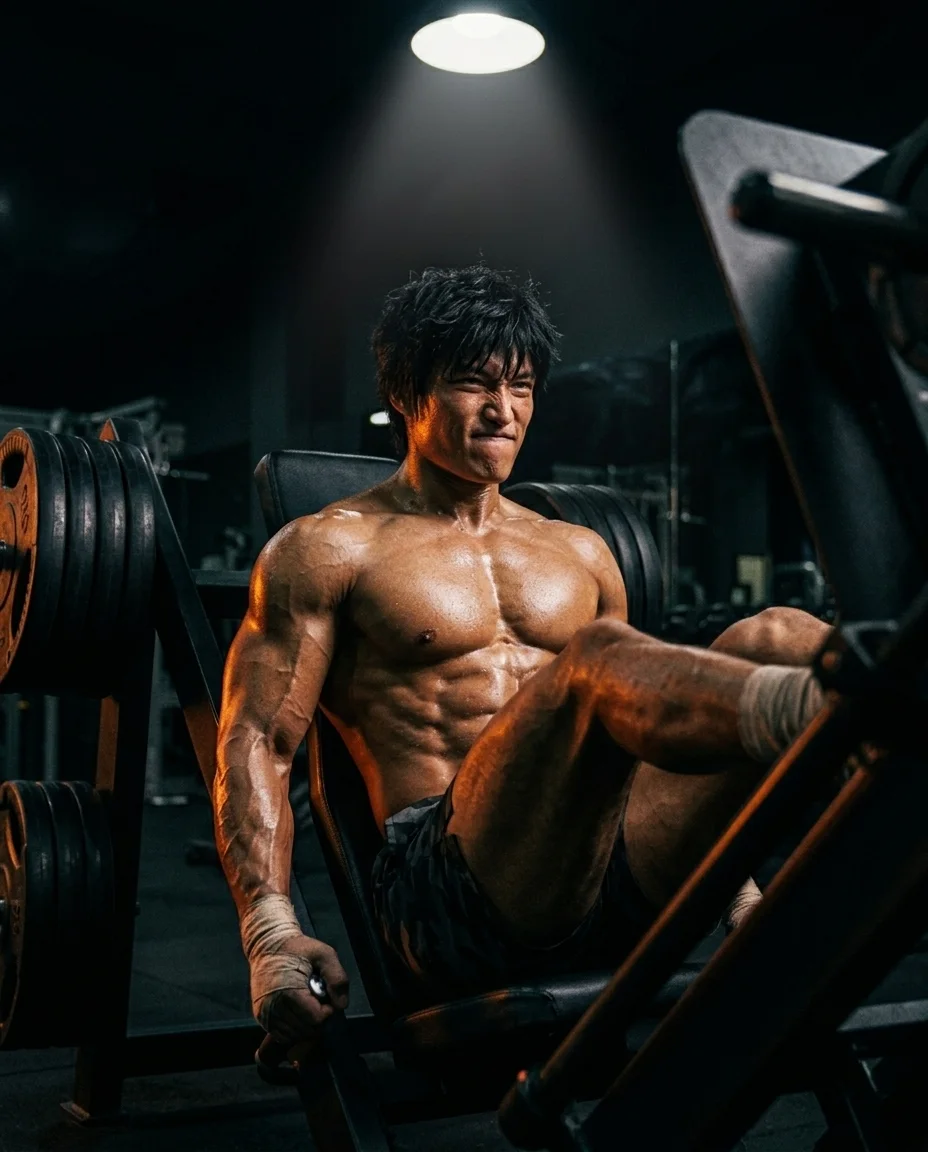 Taro training on a leg press machine